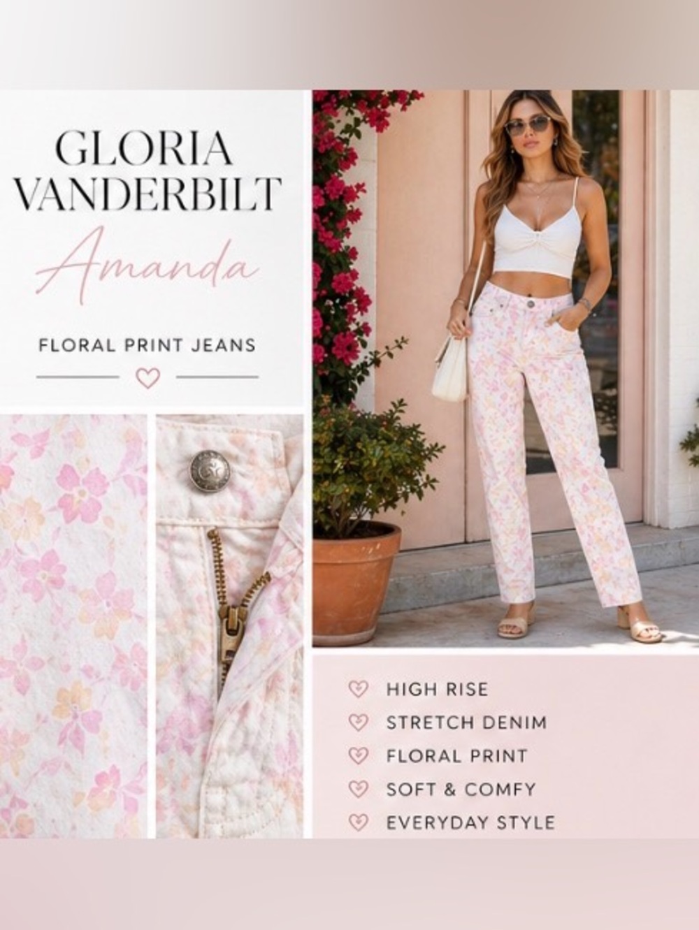 Gloria Vanderbilt Amanda Jeans Floral Print HighRise Straight Leg Stretch Career